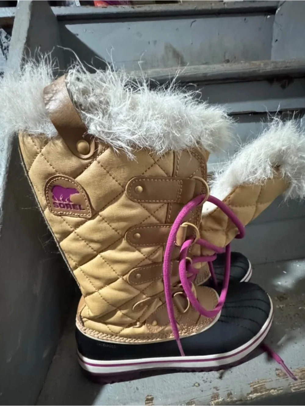 Sorel Kids Tan Quilted Winter Boots with Purple Accents - Picture 1 of 4